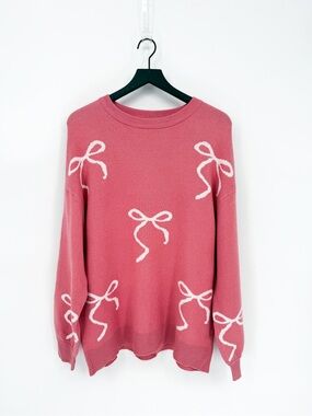 NWT PrettyGarden Pink & White Bow Coquette Knit Sweater Medium